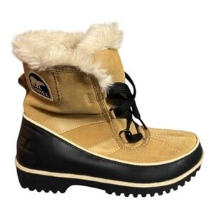 Sorel Women's Tivoli Waterproof Winter Boots Tan Black Fur Lined Lace Up Size 7